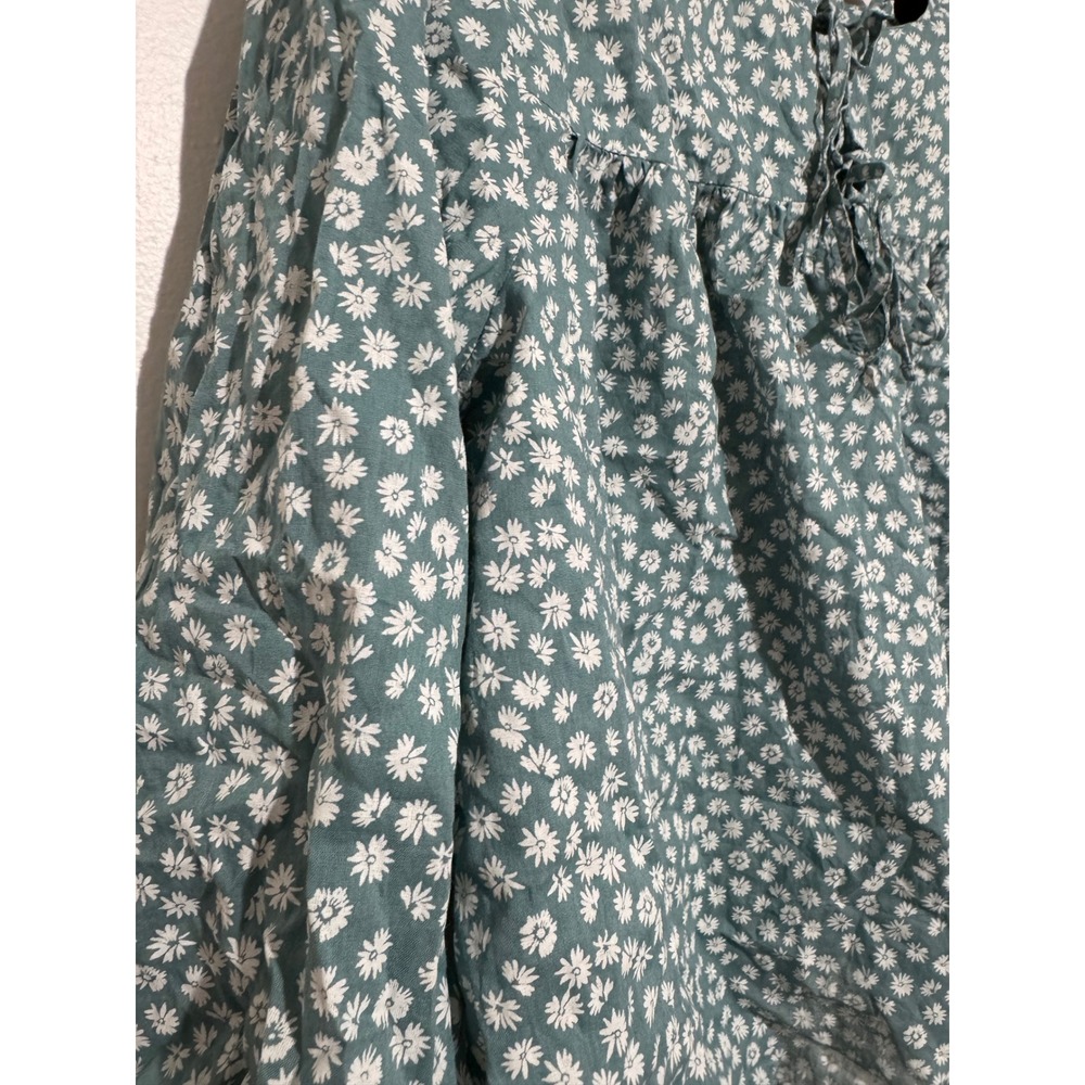 GAP Womens XXL Teal Green Daisy Floral Cotton Tie Neck Boho Peasant Blouse Top - Picture 3 of 9